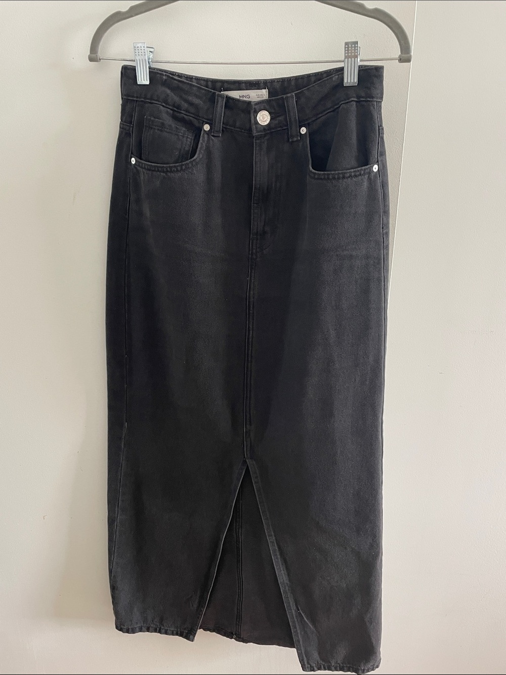 Mango Black Denim Midi Skirt with Front Slit
